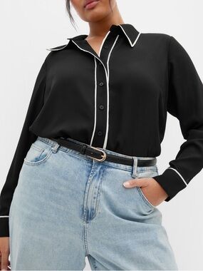 Express Black Button-Down Blouse with White Piping